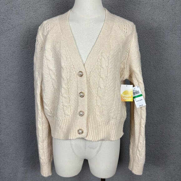 Sugar Moon Juniors' Irish Cream Cable Knit Bling Button Cardigan Sweater Lg NWTs - Picture 1 of 8